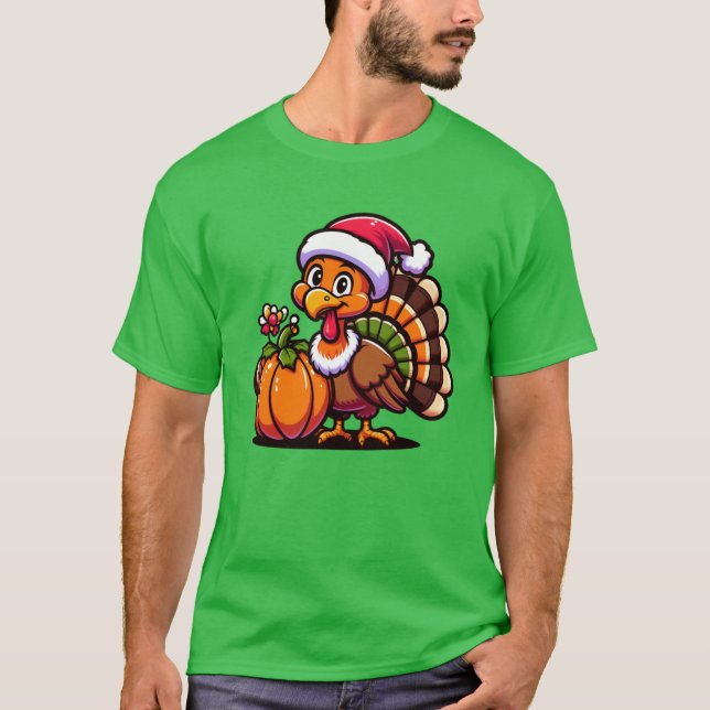 Cute Turkey Posing with Pumpkin Autumn Harvest Ani T Shirt (Framsida)