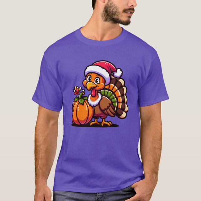 Cute Turkey Posing with Pumpkin Autumn Harvest Ani T Shirt (Framsida)