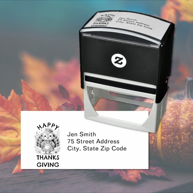 Cute Turkey Returadress Självfärgande Stämpel (Happy Thanksgiving custom text return address self-inking rubber stamp)