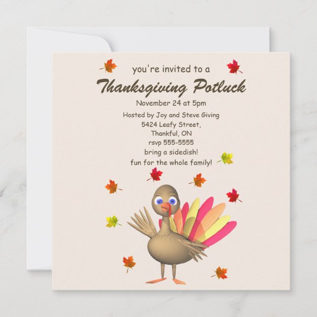 Cute Turkey Thanksgiving Potluck Inbjudningar (Framsida)