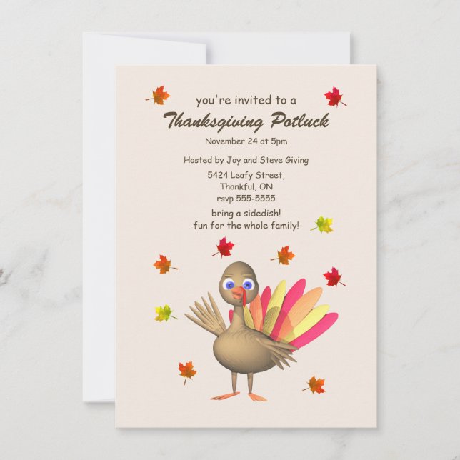 Cute Turkey Thanksgiving Potluck Inbjudningar (Framsida)