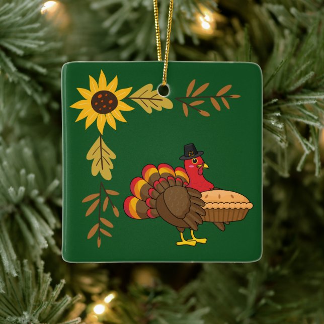 Cute Turkey with Pumpkin Paj Thanksgiving Julgransprydnad Keramik (Träd)