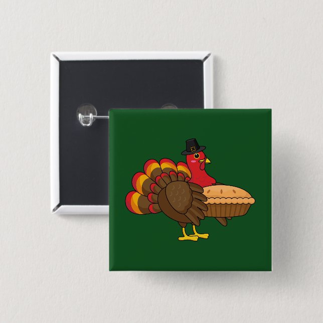 Cute Turkey with Pumpkin Paj Thanksgiving Knapp (Framsida & baksida)