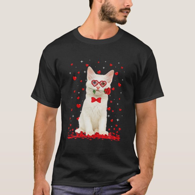 Cute Turkish Angora Cat Glasses Heart Flower Valen T Shirt (Framsida)