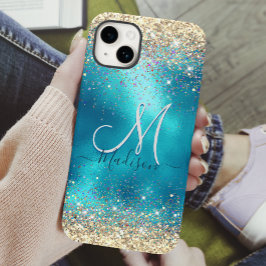 Cute turkos guld faux glitter monogram