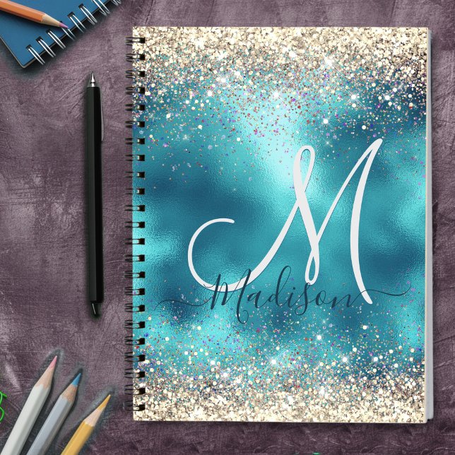 Cute turkos guld faux glitter monogram anteckningsbok (Skapare uppladdad)