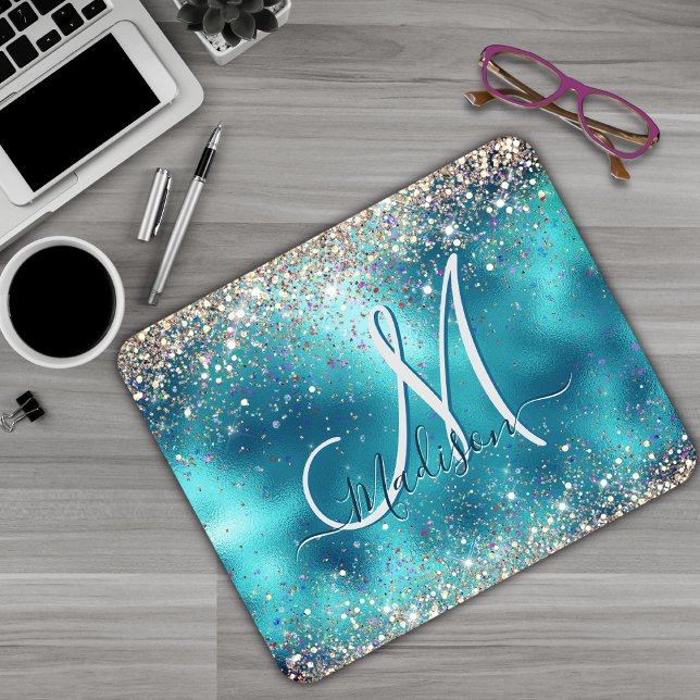 Cute turkos guld faux glitter monogram musmatta (Skapare uppladdad)