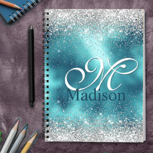 Cute turkos silver faux glitter monogram anteckningsbok
