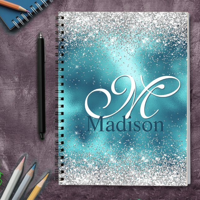 Cute turkos silver faux glitter monogram anteckningsbok (Skapare uppladdad)