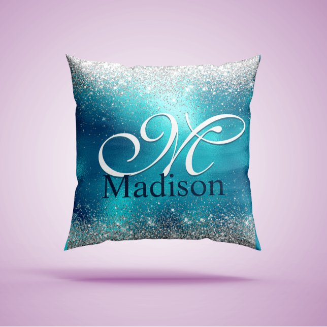 Cute turkos silver faux glitter monogram kudde (Skapare uppladdad)