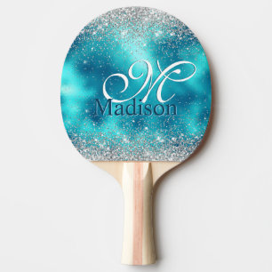 Cute turkos silver faux glitter monogram pingisracket