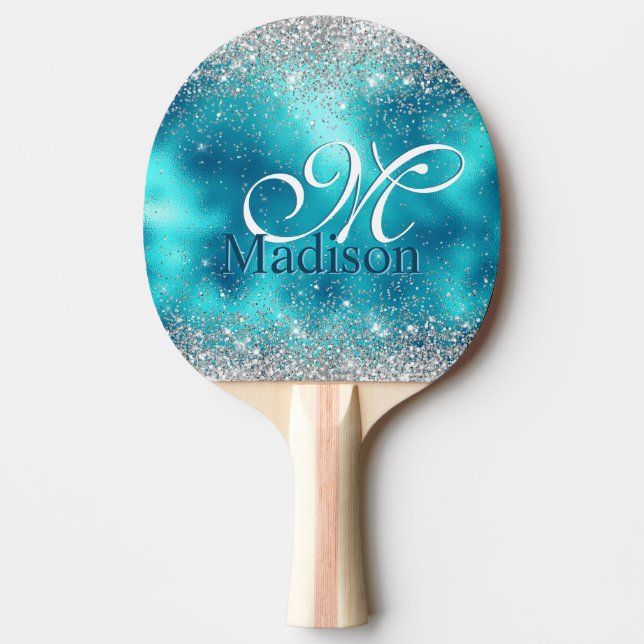 Cute turkos silver faux glitter monogram pingisracket (Framsidan)