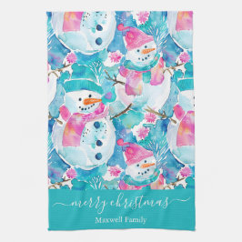 Cute turquoise snowmen script christmas kökshandduk