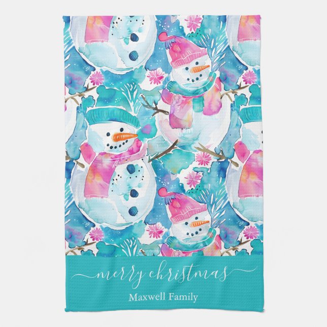 Cute turquoise snowmen script christmas kökshandduk (Vertikal)