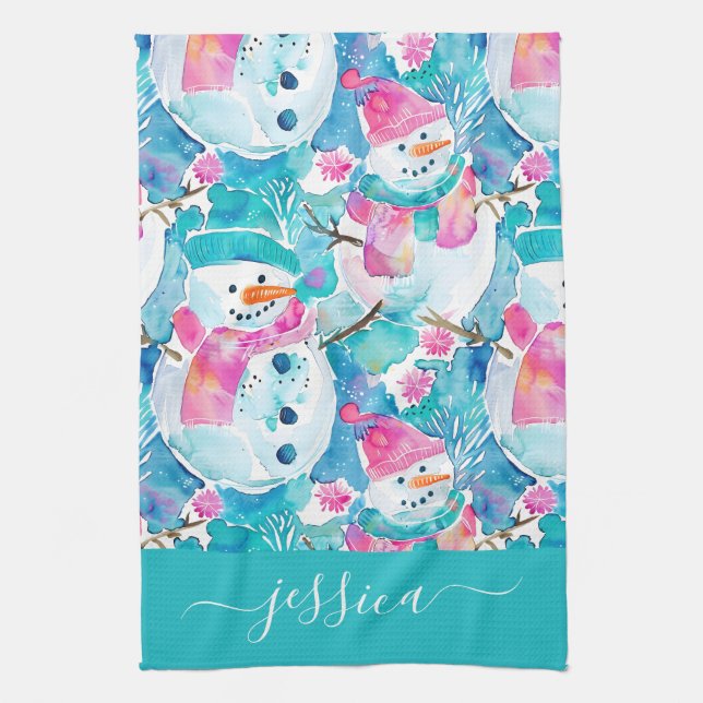 Cute turquoise snowmen script name kökshandduk (Vertikal)