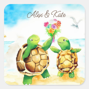Cute Turtle Couple Romantic Bröllop Fyrkantigt Klistermärke