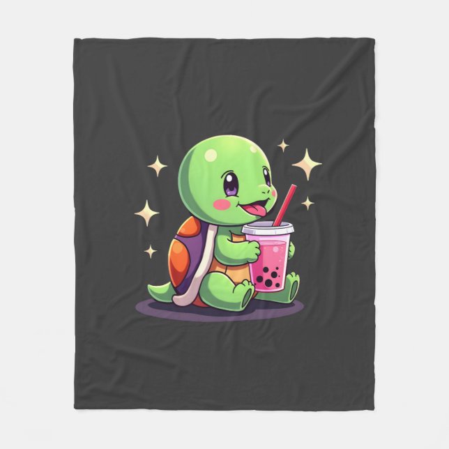 Cute turtle drinking boba. Funny Boba Turtles Love Fleecefilt (Framsidan)