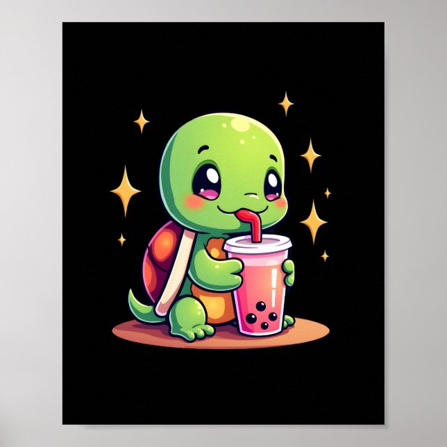Cute turtle drinking boba. Funny Boba Turtles Love Poster (Framsidan)