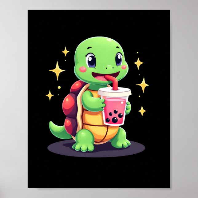 Cute turtle drinking boba. Funny Boba Turtles Love Poster (Framsidan)
