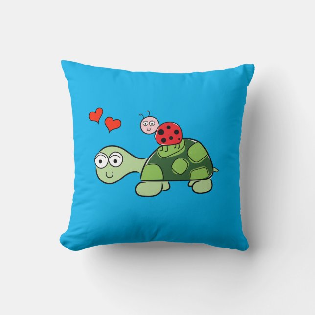 Cute Turtle, Ladybug och Hearts Blue Dekorativ kud Kudde (Framsida)