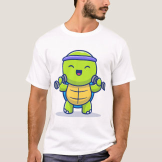 Cute Turtle Lifting Dumbbells Cartoon Illustration T Shirt