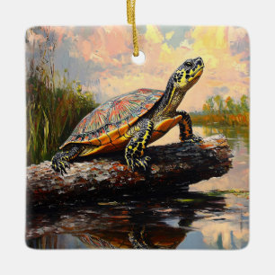 Cute Turtle på en log Everglades Painting Julgransprydnad Keramik
