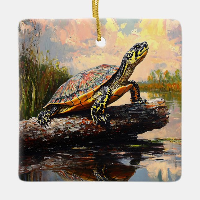 Cute Turtle på en log Everglades Painting Julgransprydnad Keramik (Framsida)