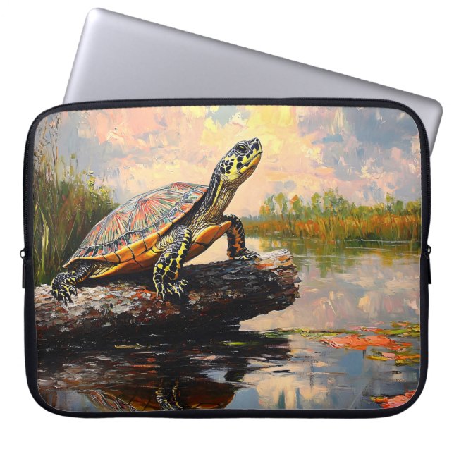 Cute Turtle på en log Everglades Painting Laptop Fodral (Framsidan)