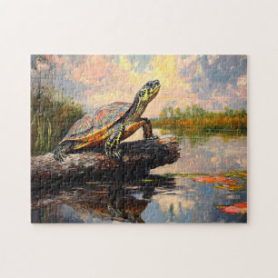 Cute Turtle på en log Everglades Painting Pussel