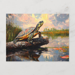 Cute Turtle på en log Everglades Painting Vykort