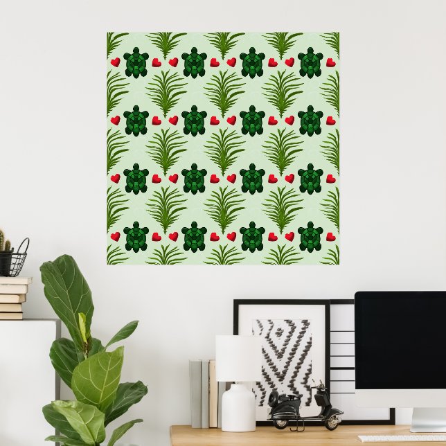 Cute Turtle Pattern Aesthetic | Tropical Leaves Bu Poster (Hemmakontoret)