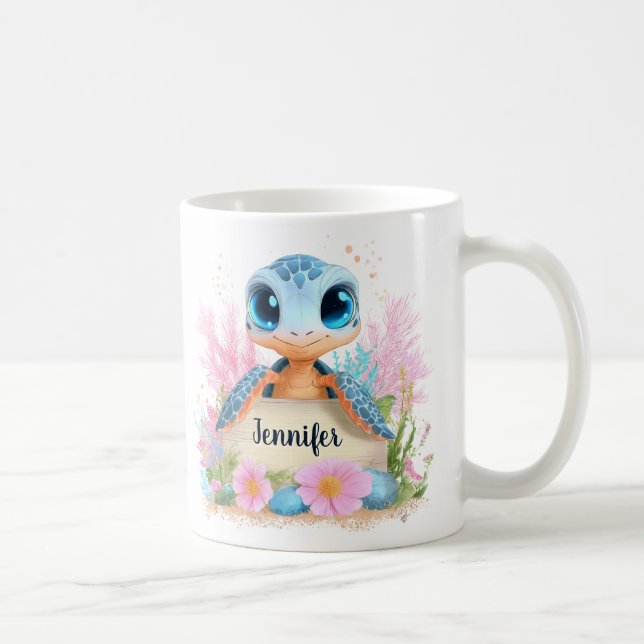 Cute Turtle Personalized Custom Name Animal Kaffemugg (Höger)