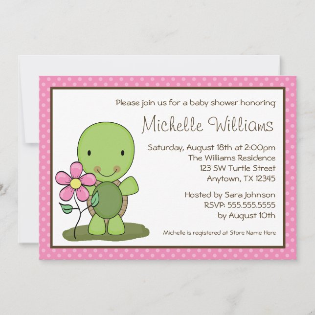 Cute Turtle Rosa Polka Dot Baby Shower Inbjudningar (Framsida)