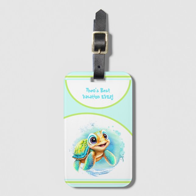 Cute Turtle Summer Vacation Personlig Boy Bagagebricka (Framsida vertikal)