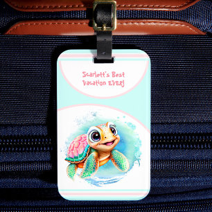 Cute Turtle Summer Vacation Personlig Girl Bagagebricka