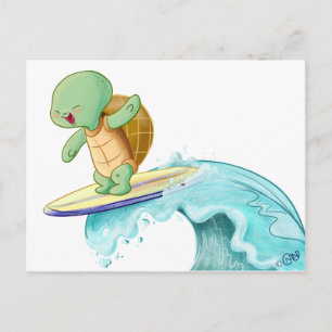 Cute Turtle Surfing Kawaii vykort