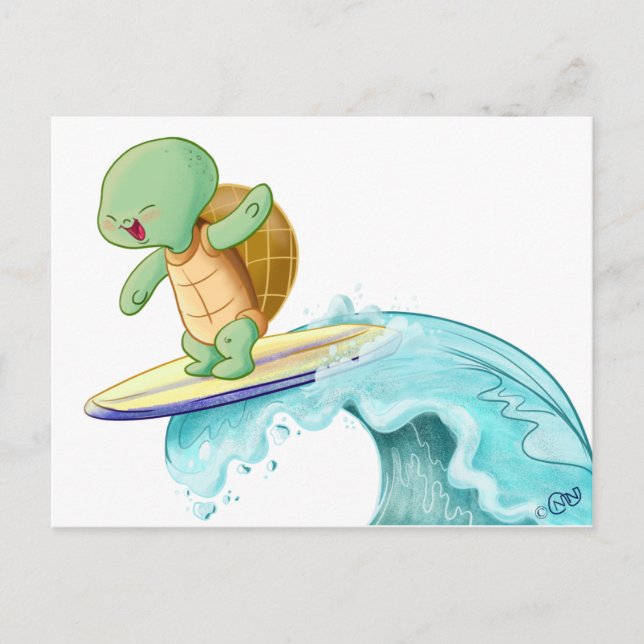 Cute Turtle Surfing Kawaii vykort (Framsida)