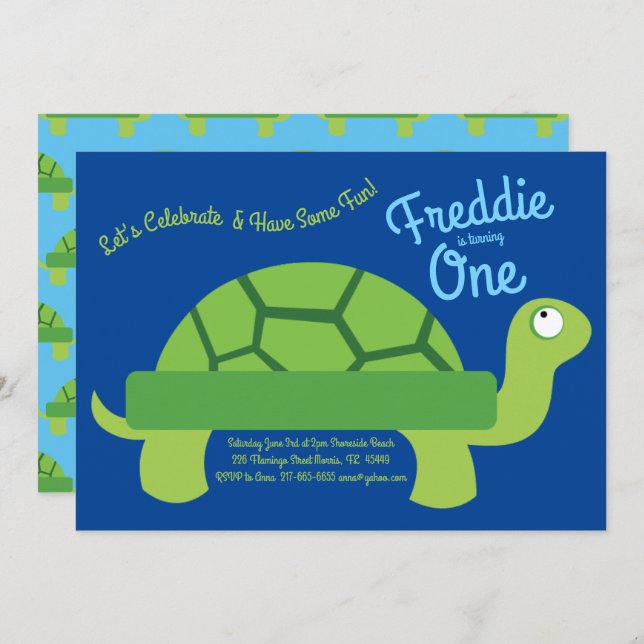 Cute Turtle Tortoise Kids 1:a födelsedag Party Inbjudningar (Fram/baksida)