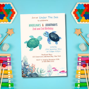 Cute Turtle under Sea Joint Birthday Inbjudningar