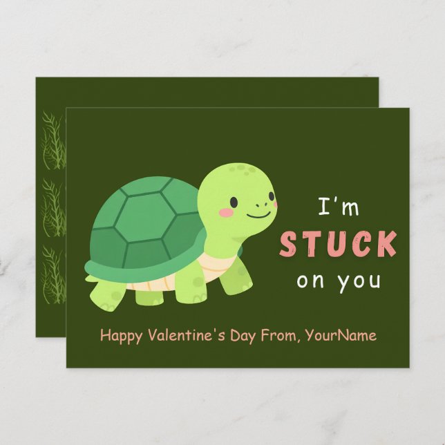 Cute Turtle Valentine Pun Card – I’m Stuck on You Helg Vykort (Fram/baksida)