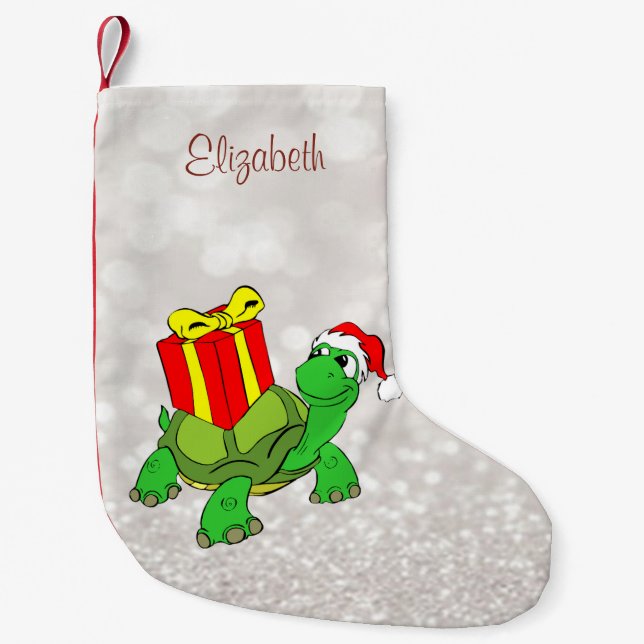 Cute Turtle with Santa Hat Present,Glittery Bokeh Liten Julstrumpa (Framsidan)