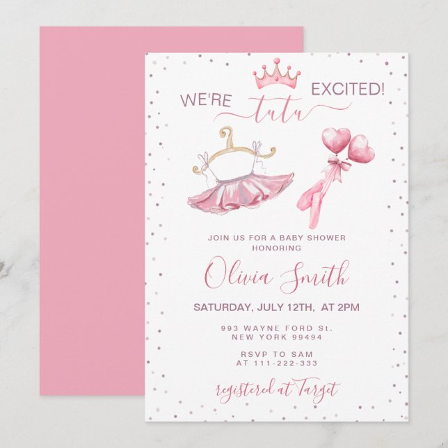 Cute Tutu Ballet Tofflor Ballerina Baby Shower Inbjudningar (Fram/baksida)