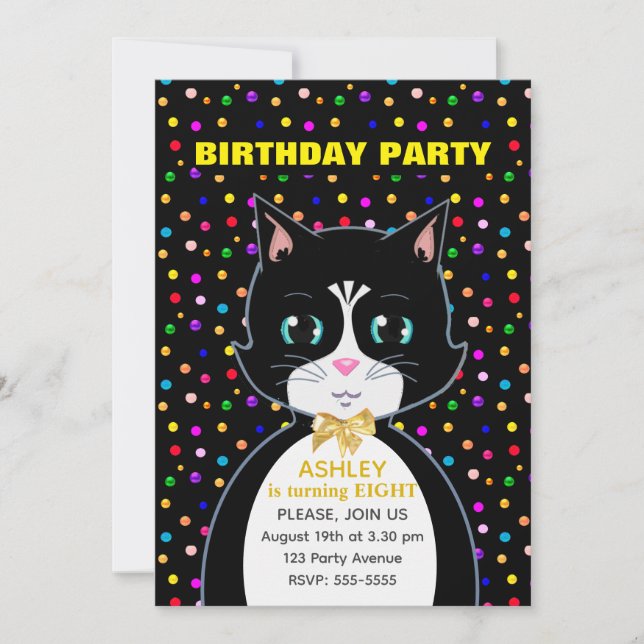 Cute Tuxedo Birthday Cat & Colorful Confetti Inbjudningar (Framsida)