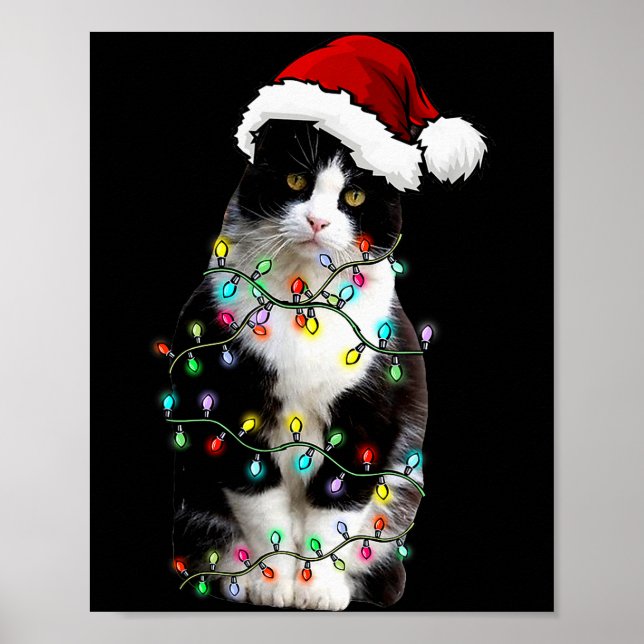 Cute Tuxedo Black Cat Christmas Light Cat Christma Poster (Framsidan)