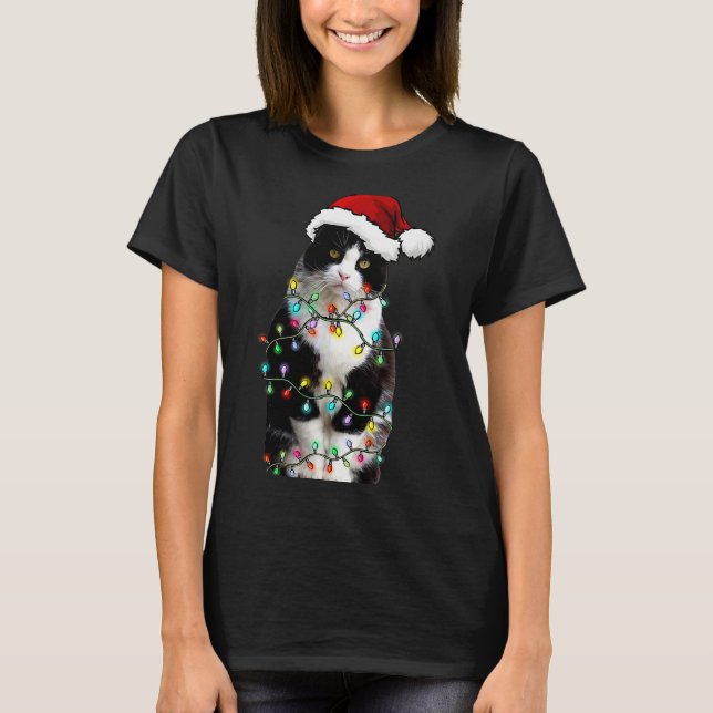 Cute Tuxedo Black Cat Christmas Light Cat Christma T Shirt (Framsida)