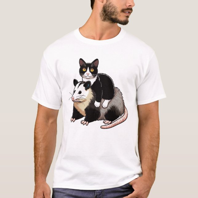 Cute Tuxedo Cat a Opossum T Shirt (Framsida)