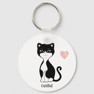 Cute Tuxedo Cat and Heart Nyckelring