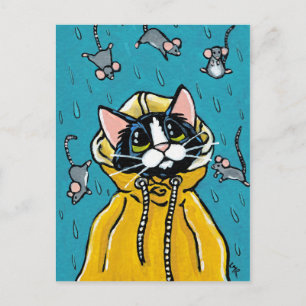 Cute Tuxedo Cat and Rining Mice Illustration Vykort