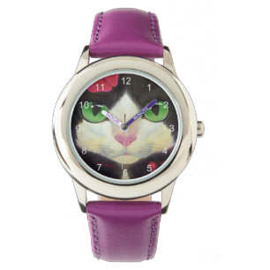 Cute Tuxedo Cat Ansikte Black Red Illustration Armbandsur