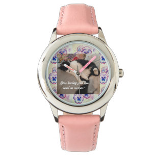 Cute Tuxedo Cat Barn Funny cat Lila Blommigt Armbandsur